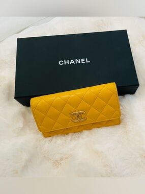 CHANEL Yellow Lambskin matelasse long wallet
